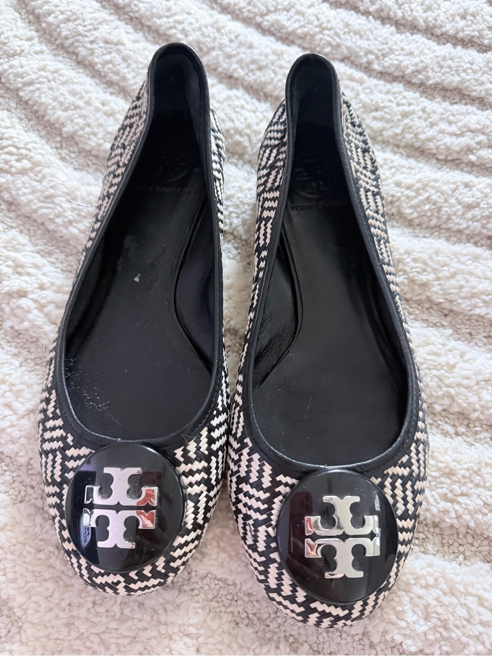 Tory Burch Black and White Herringbone Logo Flats